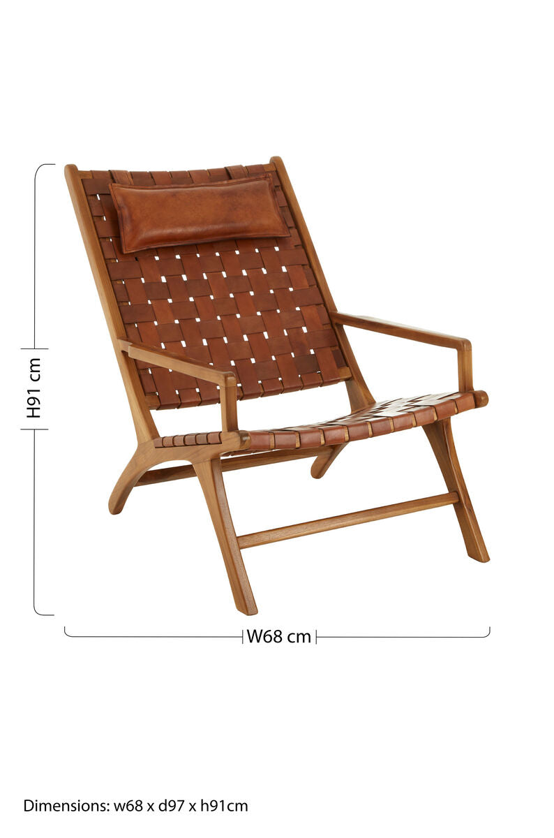 Kendari Brown Woven Leather and Teak Wood Chair with Head Cushion