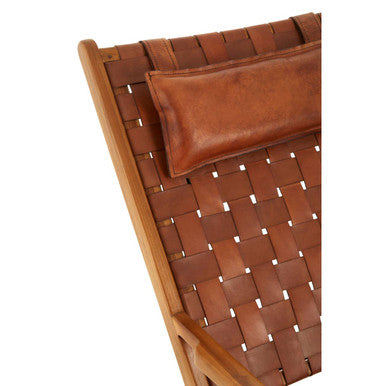 Kendari Brown Woven Leather and Teak Wood Chair with Head Cushion