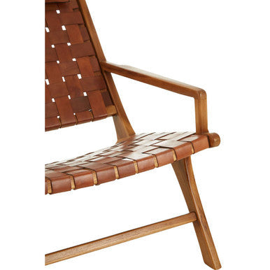 Kendari Brown Woven Leather and Teak Wood Chair with Head Cushion