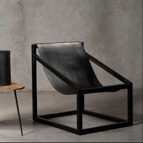 Kendari Black Leather and Teak Wood Sling Chair