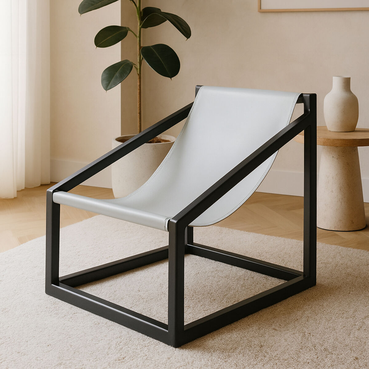 Kendari Grey Leather and Black Teak Wood Sling Chair