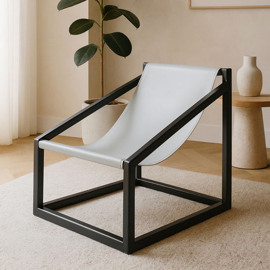 Kendari Grey Leather and Black Teak Wood Sling Chair