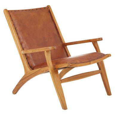 Kendari Brown Leather and Teak Wood Chair with Stud Detail