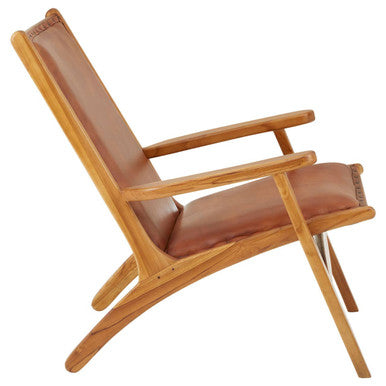 Kendari Brown Leather and Teak Wood Chair with Stud Detail
