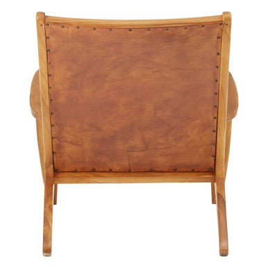 Kendari Brown Leather and Teak Wood Chair with Stud Detail
