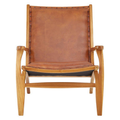 Kendari Brown Leather and Teak Wood Chair with Stud Detail