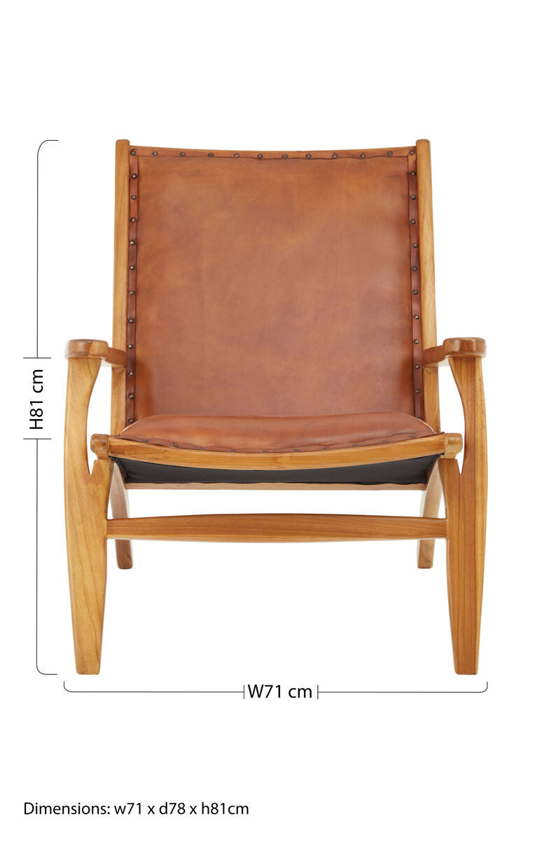 Kendari Brown Leather and Teak Wood Chair with Stud Detail