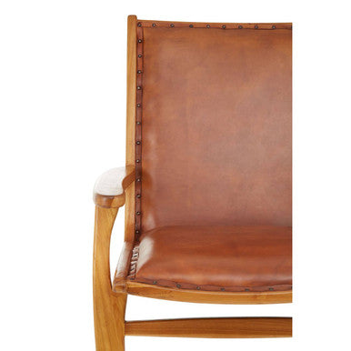 Kendari Brown Leather and Teak Wood Chair with Stud Detail