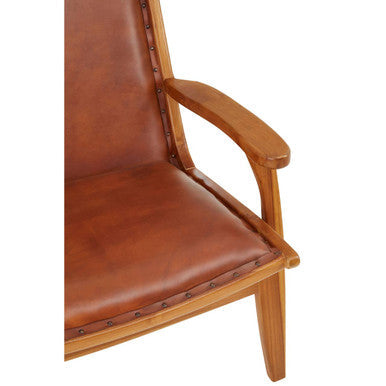 Kendari Brown Leather and Teak Wood Chair with Stud Detail