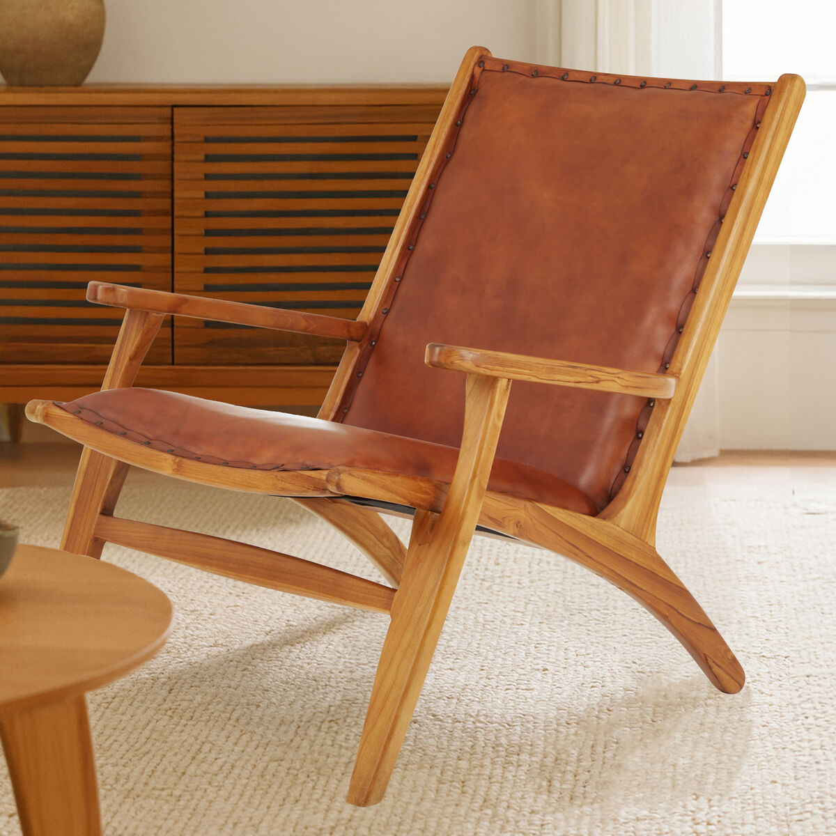 Kendari Brown Leather and Teak Wood Chair with Stud Detail