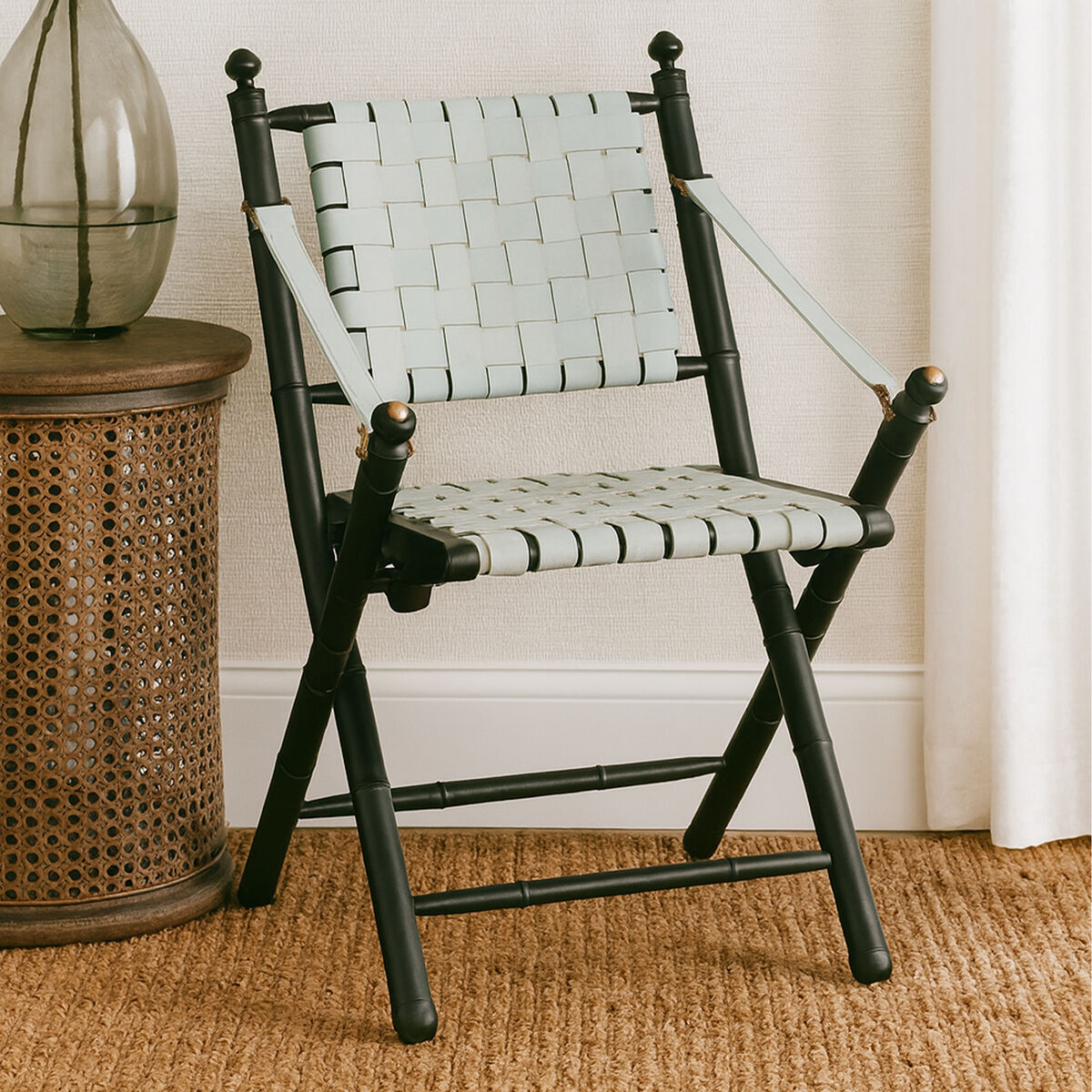 Kendari White Woven Leather and Black Teak Wood Accent Chair