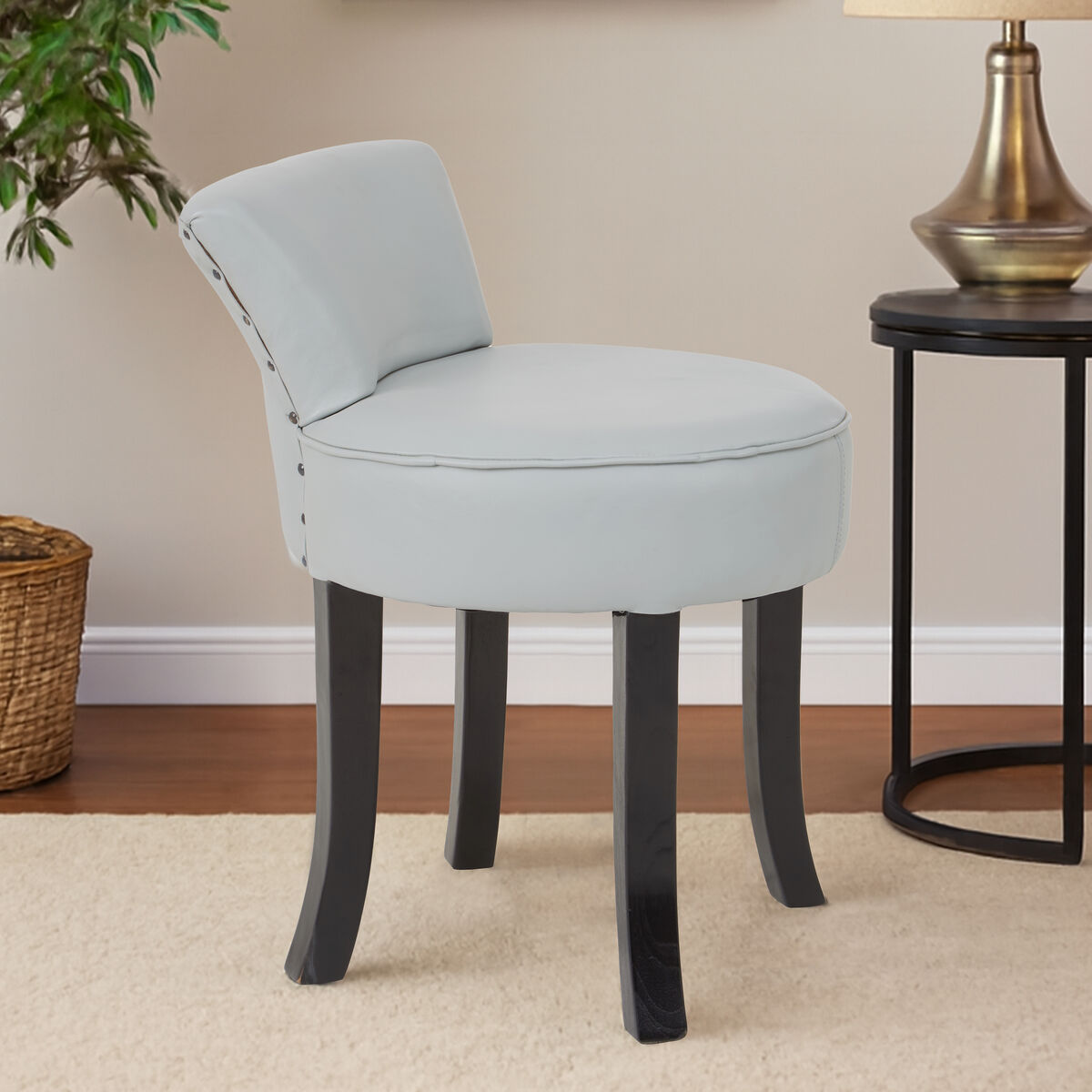 Kendari Grey Leather and Black Teak Wood Round Chair