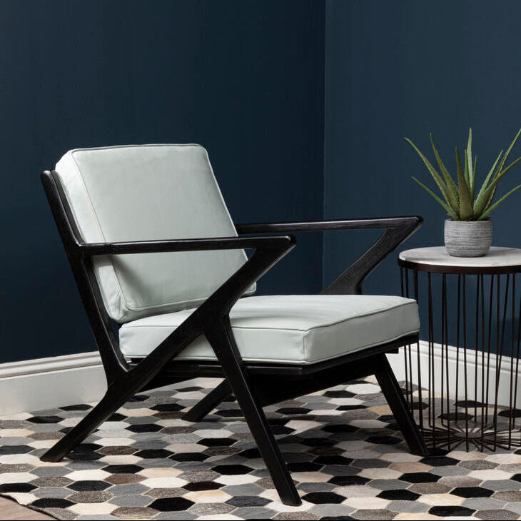 Kendari Grey Leather and Black Teak Wood Armchair