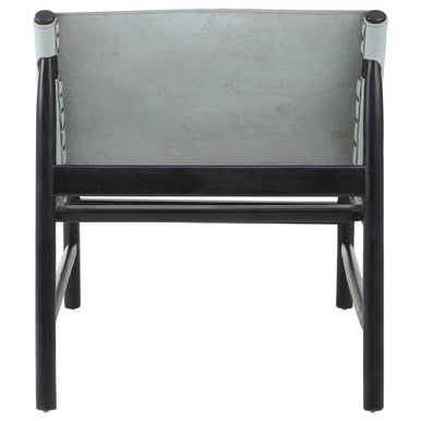 Kendari Grey Leather and Black Teak Wood Modern Sling Chair