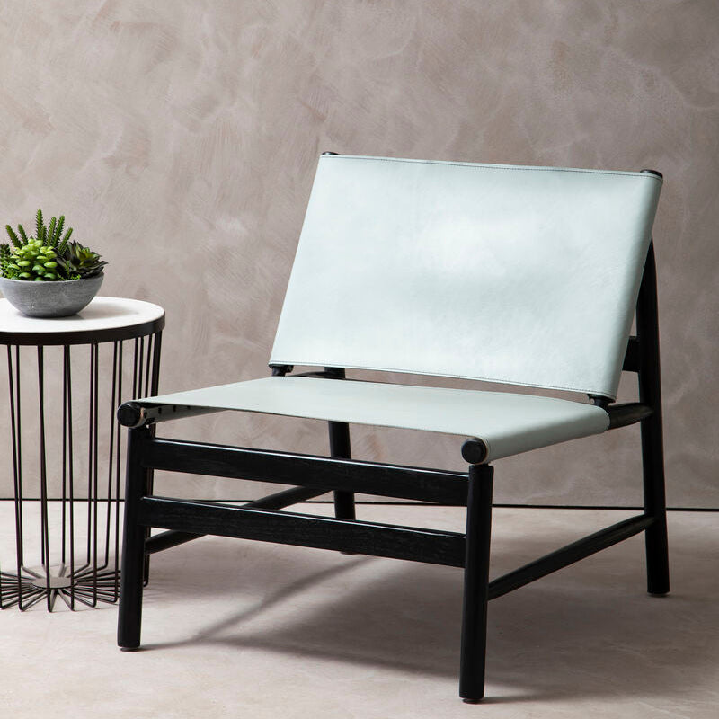 Kendari Grey Leather and Black Teak Wood Modern Sling Chair