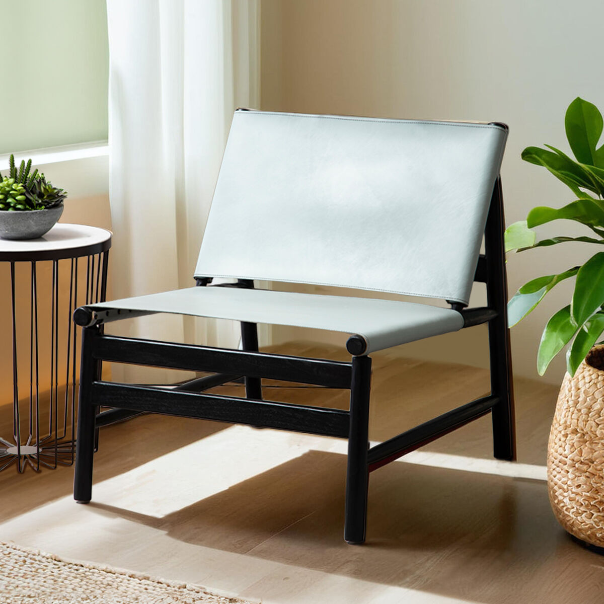 Kendari Grey Leather and Black Teak Wood Modern Sling Chair