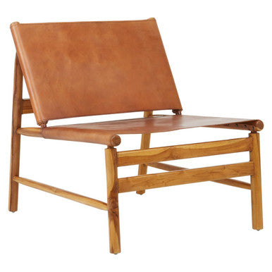 Kendari Brown Leather and Teak Wood Modern Sling Chair