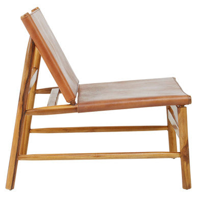 Kendari Brown Leather and Teak Wood Modern Sling Chair