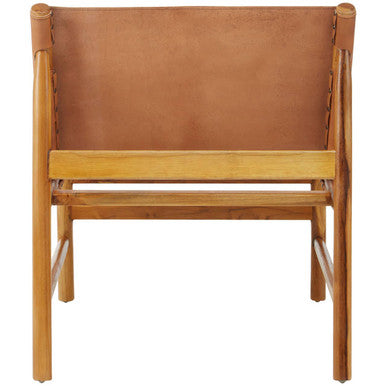 Kendari Brown Leather and Teak Wood Modern Sling Chair