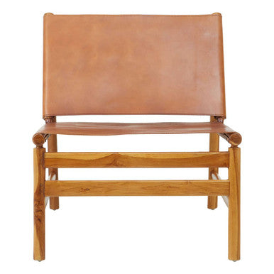 Kendari Brown Leather and Teak Wood Modern Sling Chair