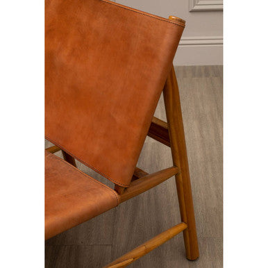 Kendari Brown Leather and Teak Wood Modern Sling Chair