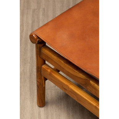 Kendari Brown Leather and Teak Wood Modern Sling Chair
