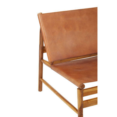 Kendari Brown Leather and Teak Wood Modern Sling Chair