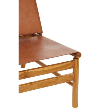 Kendari Brown Leather and Teak Wood Modern Sling Chair