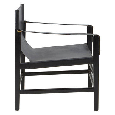 Kendari Black Leather and Teak Wood Frame Armchair