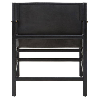 Kendari Black Leather and Teak Wood Frame Armchair