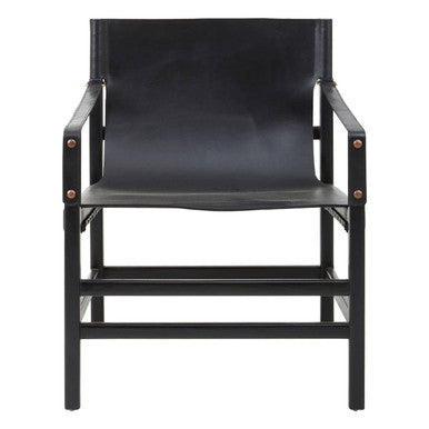 Kendari Black Leather and Teak Wood Frame Armchair