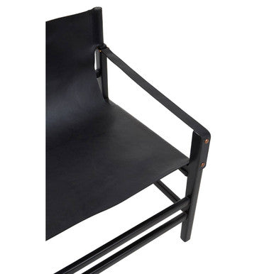 Kendari Black Leather and Teak Wood Frame Armchair