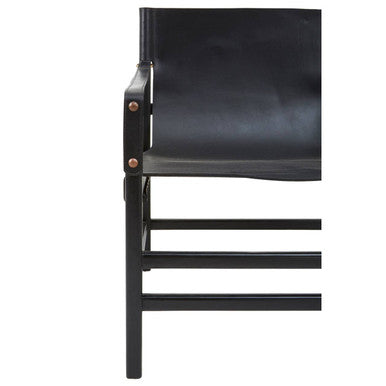 Kendari Black Leather and Teak Wood Frame Armchair