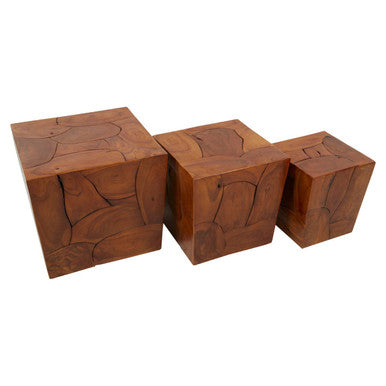 Surak Teak Wood Set of 3 Side Tables and Stools