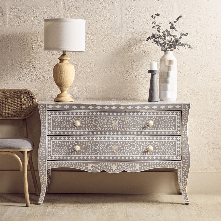 Fusion Grey and White Mother of Pearl Inlay 2 Drawer Chest