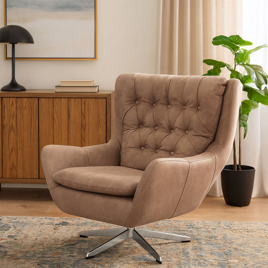 Harold Brown Leather Effect Button Tufted Swivel Chair