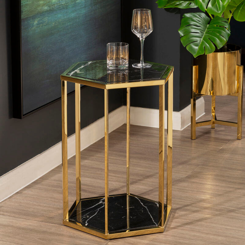 Piermount Black Marble and Gold Finish Hexagon Side Table