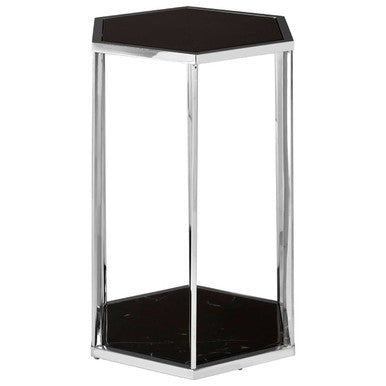 Piermount Black Marble and Silver Finish Hexagon Side Table