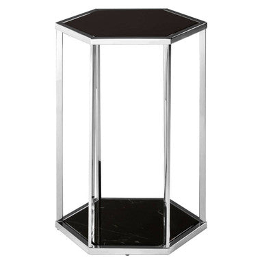 Piermount Black Marble and Silver Finish Hexagon Side Table