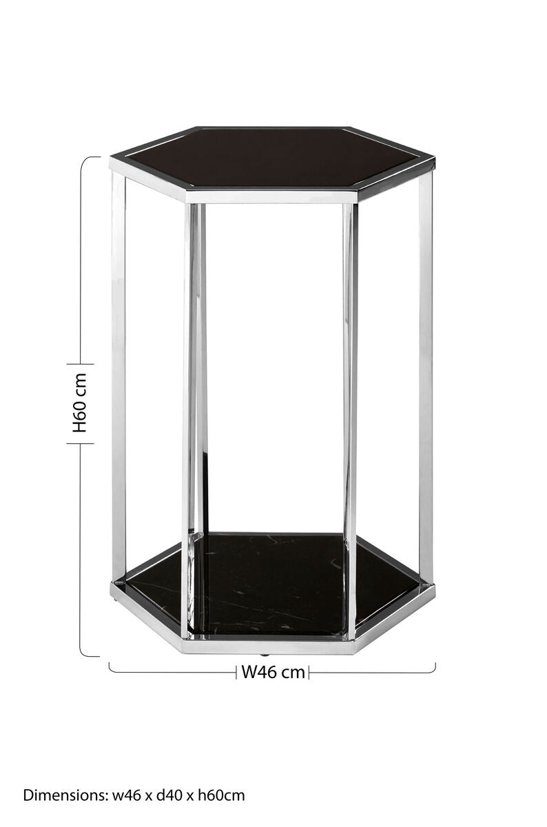 Piermount Black Marble and Silver Finish Hexagon Side Table