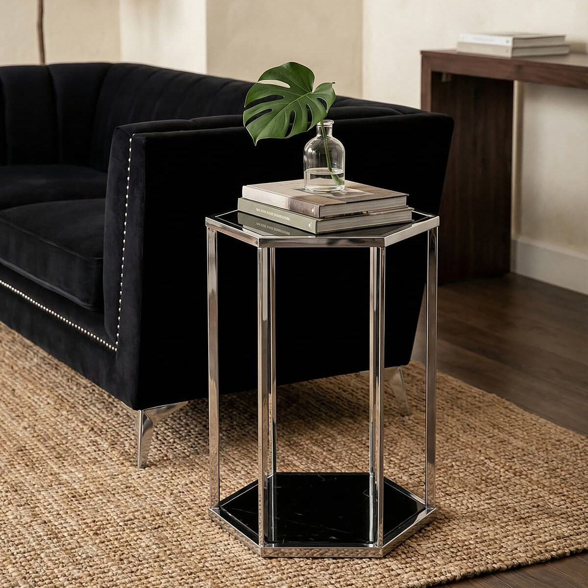 Piermount Black Marble and Silver Finish Hexagon Side Table