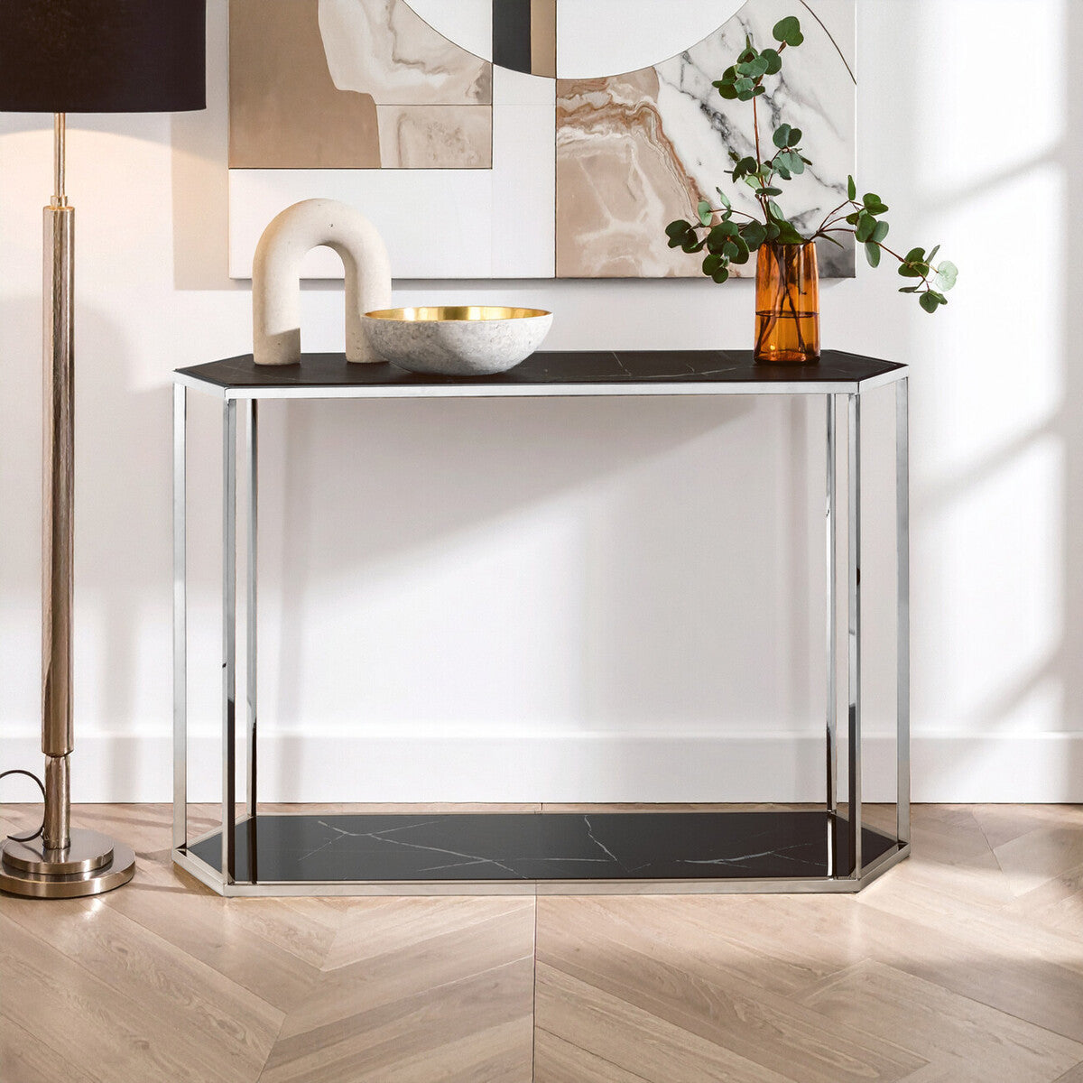 Piermount Black Marble and Silver Finish Console Table