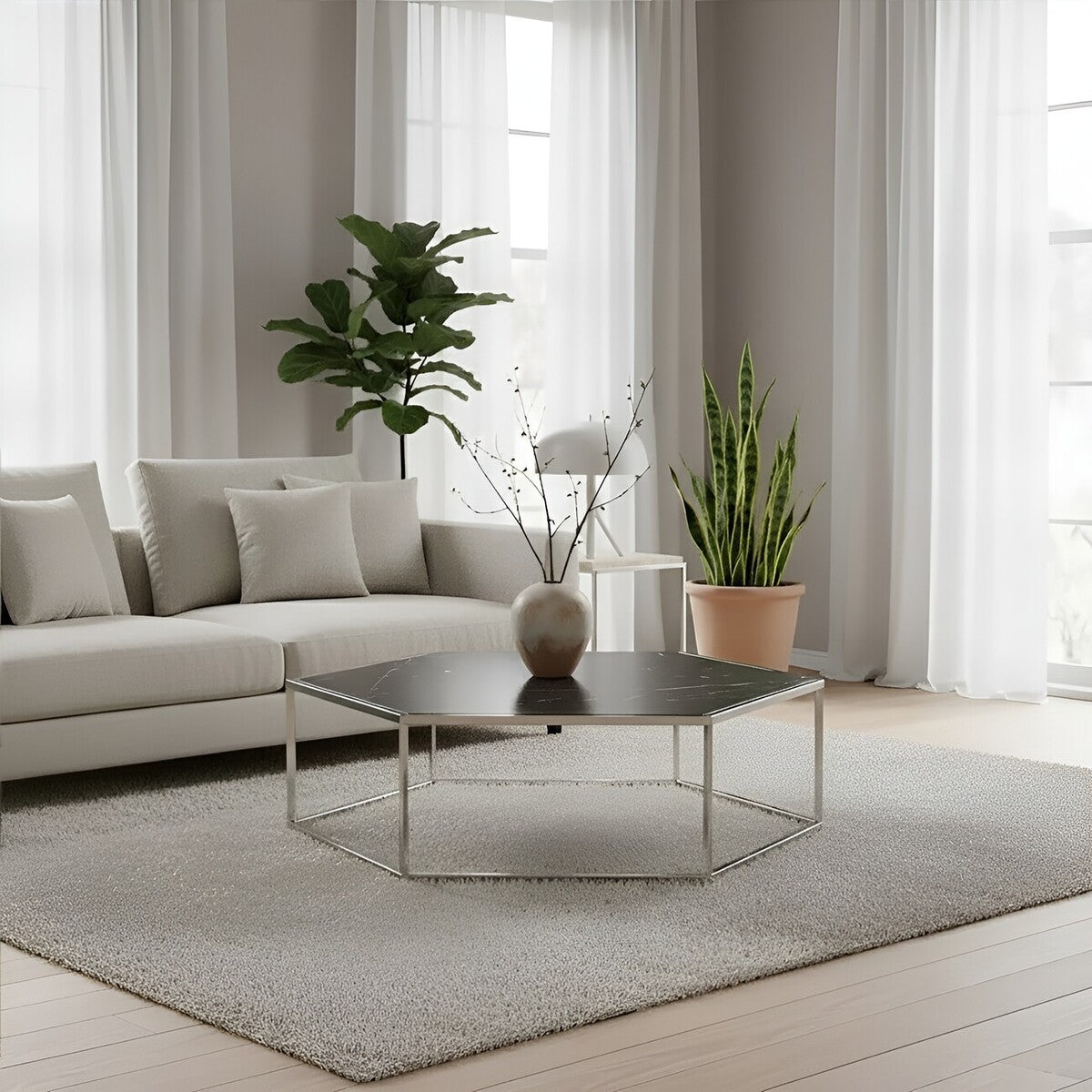 Piermount Black Marble and Silver Finish Hexagon Coffee Table