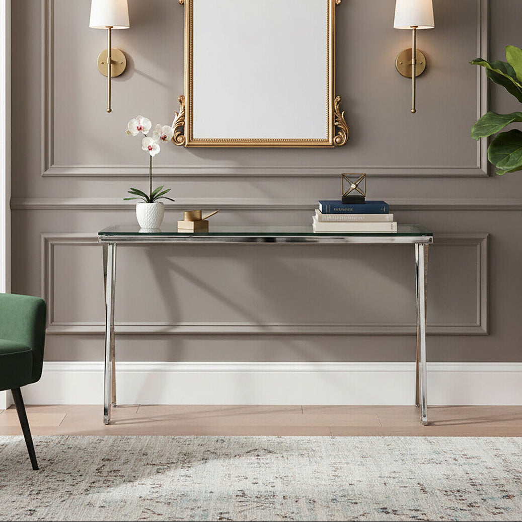 Piermount Clear Glass and Silver Finish Console Table