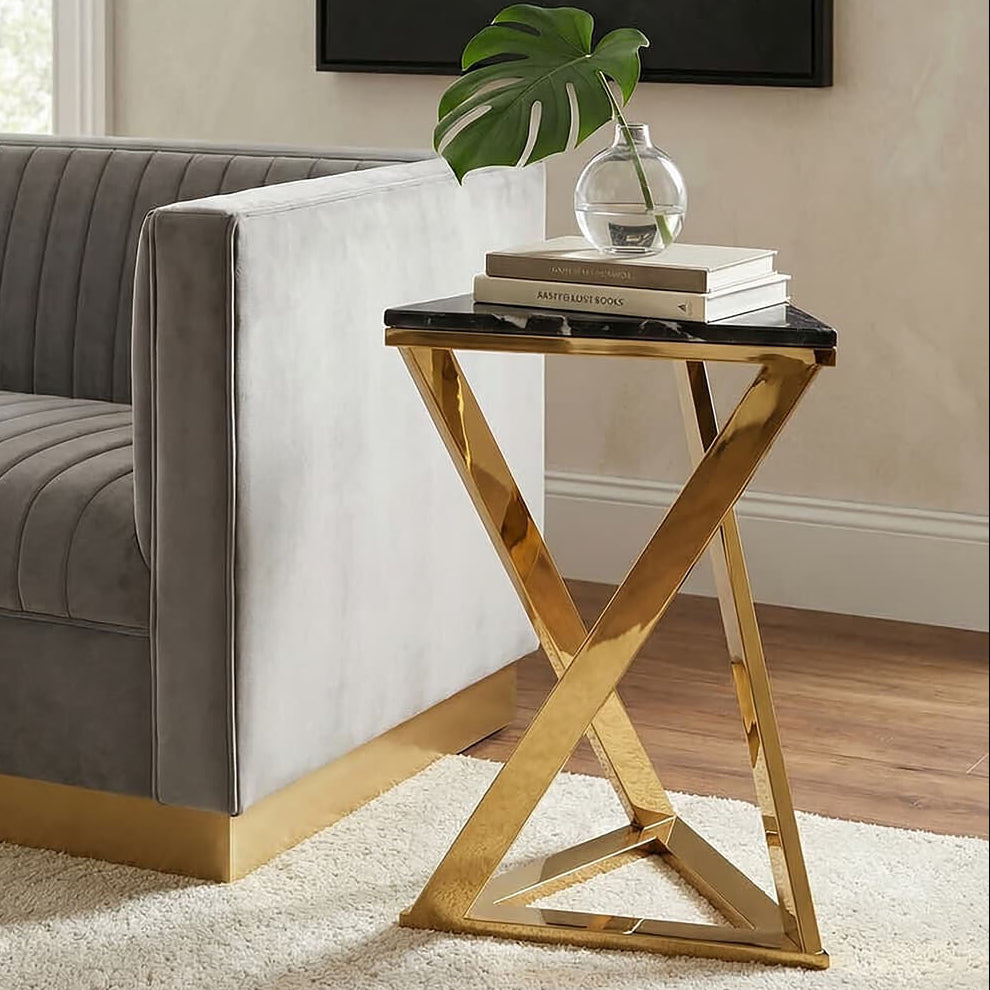 Piermount Black Marble and Gold Finish Triangular Side Table