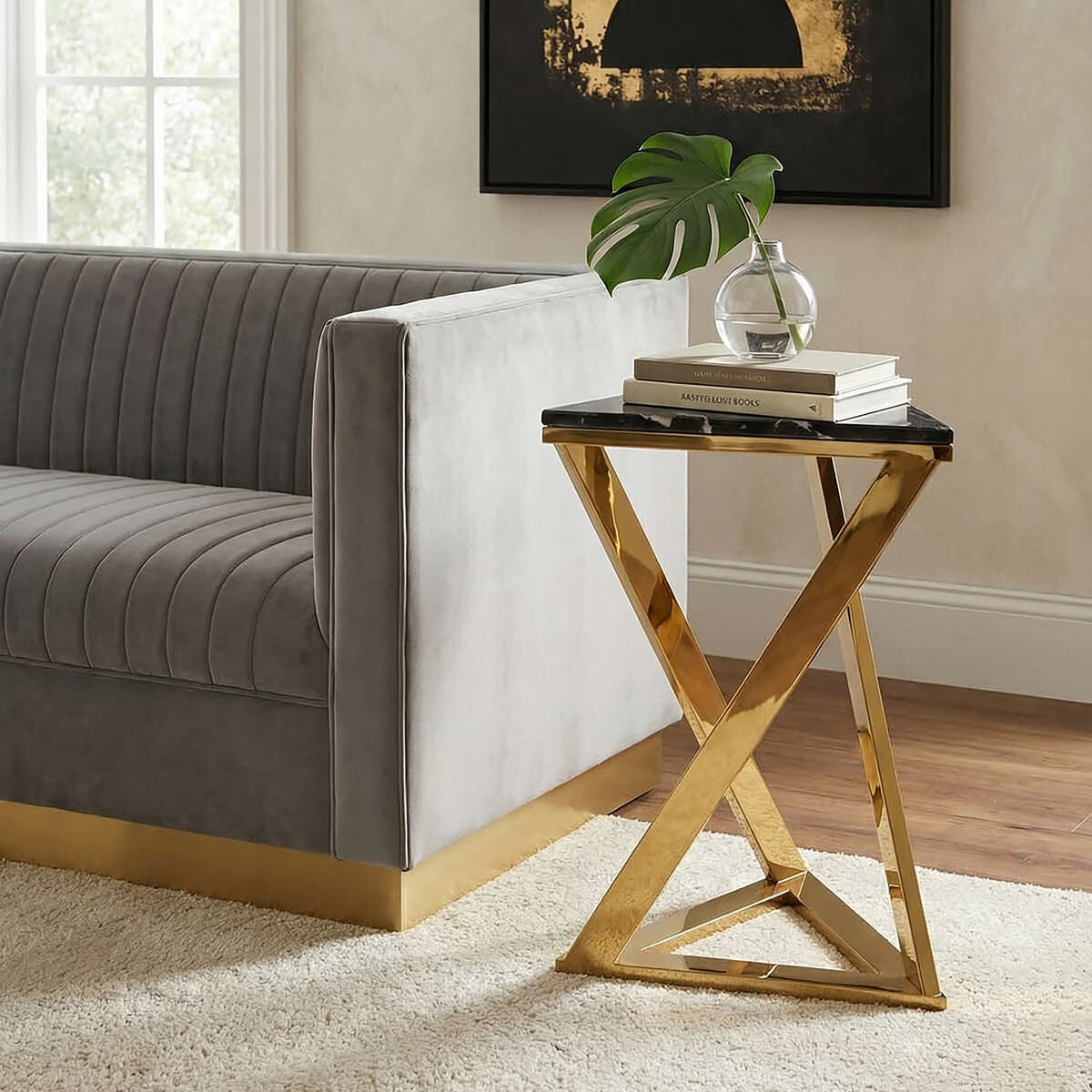 Piermount Black Marble and Gold Finish Triangular Side Table