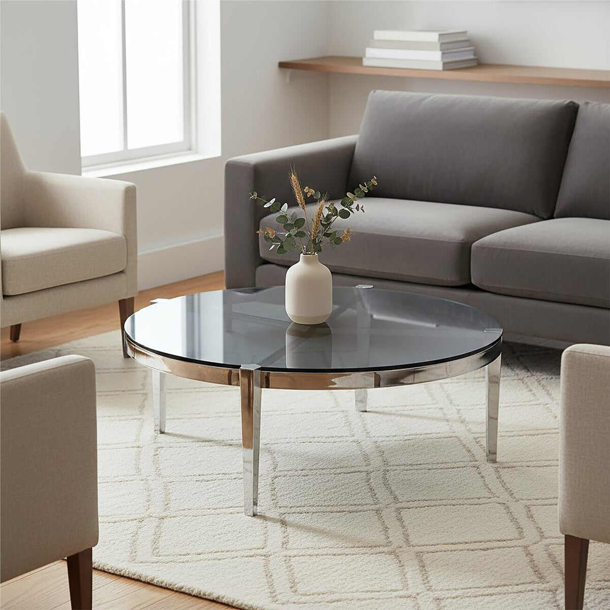 Piermount Grey Glass and Silver Finish Round Coffee Table