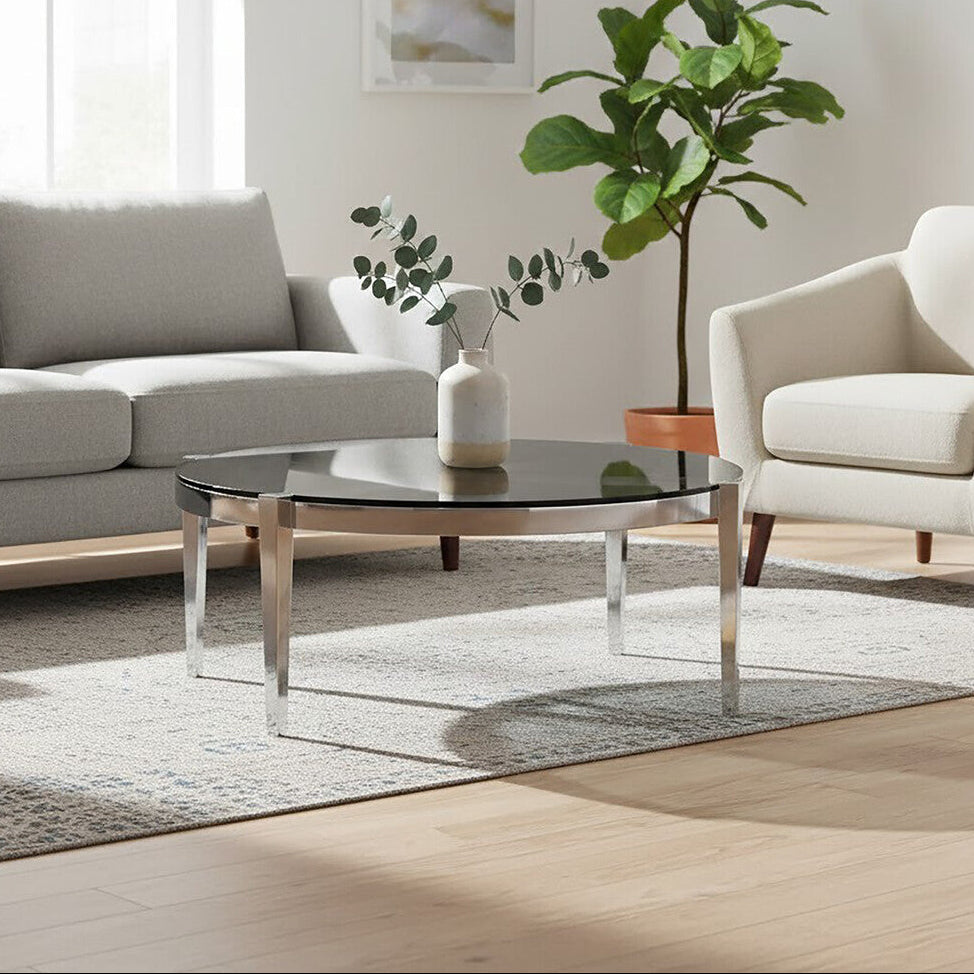 Piermount Grey Glass and Silver Finish Round Coffee Table