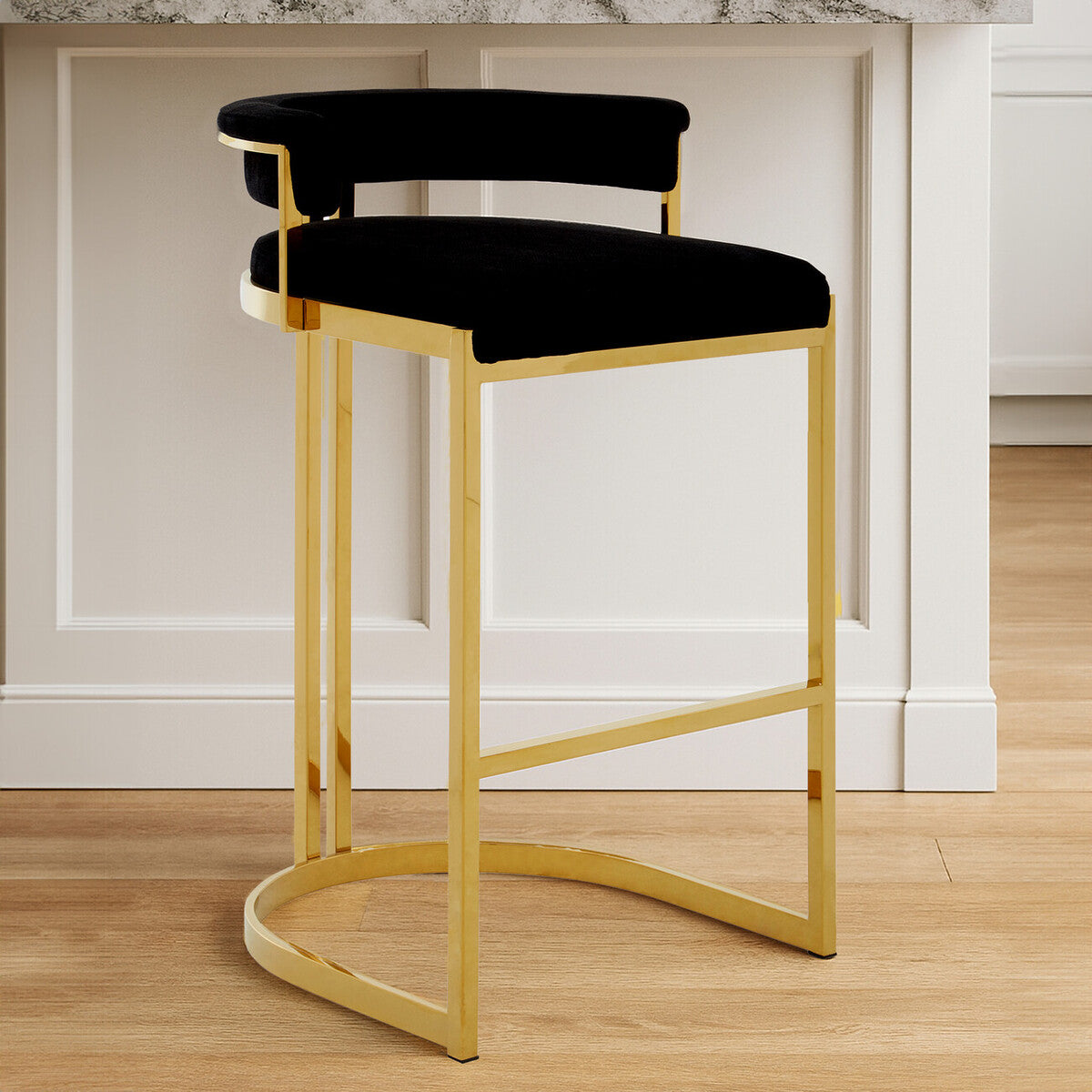 Piermount Black Velvet Bar Chair with Gold Finish Legs