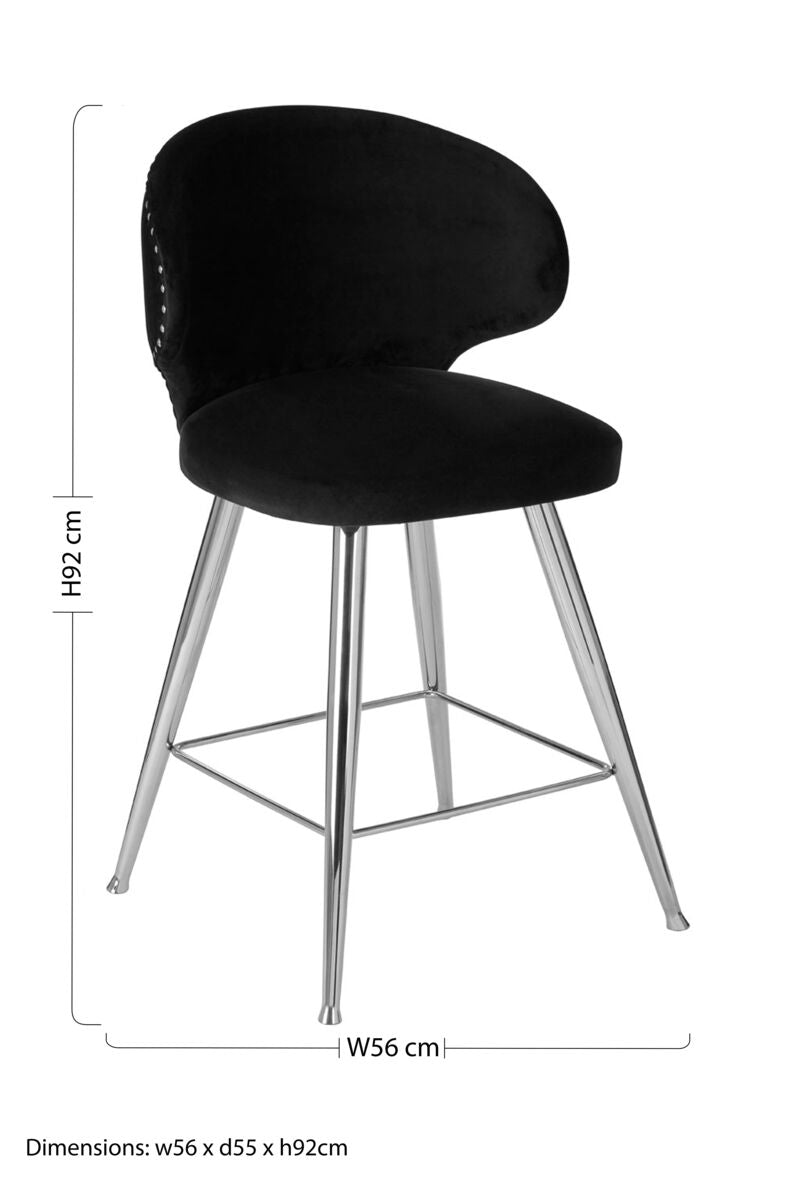 Piermount Black Velvet Bar Chair with Silver Finish Legs